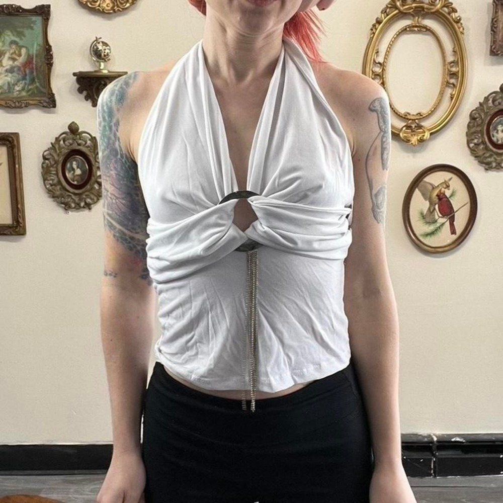 Vintage Y2K white clubwear sexy  Halter Ring Detail Stretch Top